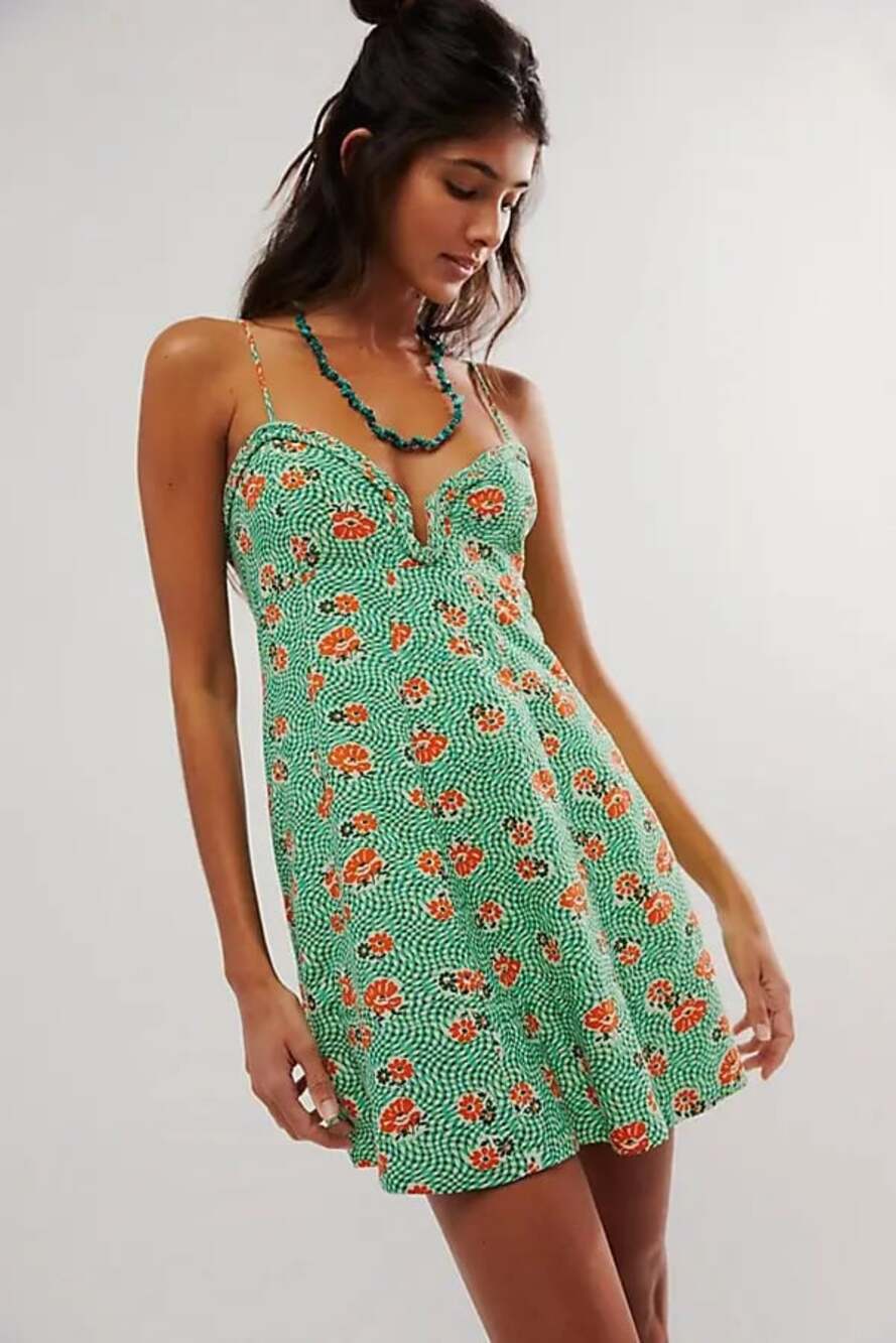 New Free People Altura Printed Mini Dress $128 LARGE Retro Floral Green Strappy